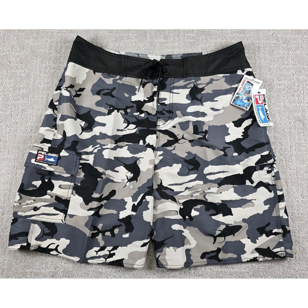 Pelagic Boardshorts Men 36 Grey Super  Fish Camo Quick Dry Cargo Swim Shorts NWT